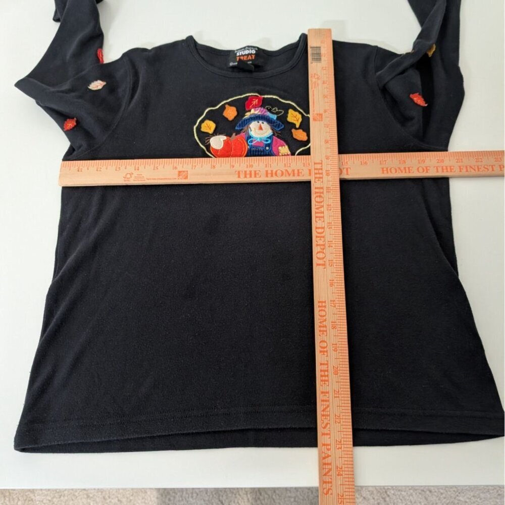 Vintage Fall Scarecrow Embroidered Shirt Womens Size Large Black Long Sleeve - Picture 9 of 11